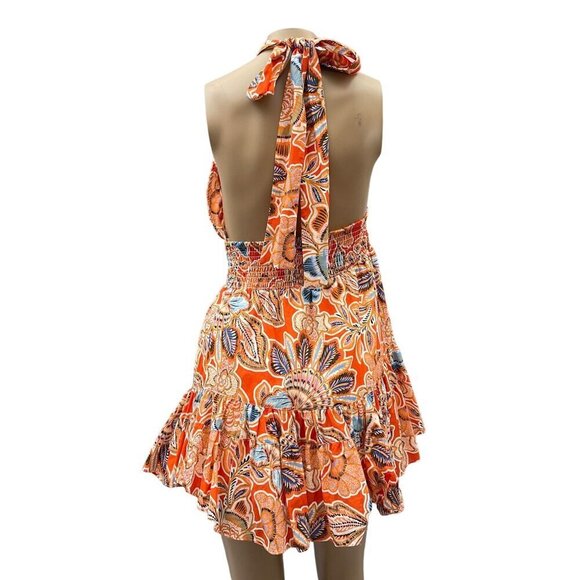 Misa Tula Mini Dress‎ Tangerine Flora Halter Neck Cotton Backless Ruffle L NWT - Picture 10 of 15